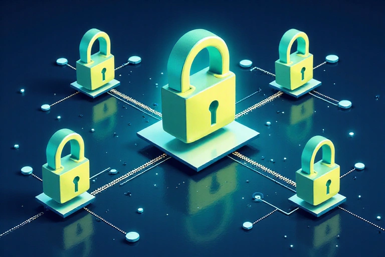 Ilustración de seguridad de datos con candados y escudos